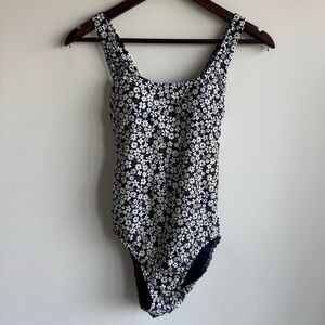 Land's End Deep Sea Navy Ditsy Floral Tugless X-Back One Piece Swimsuit Size 4